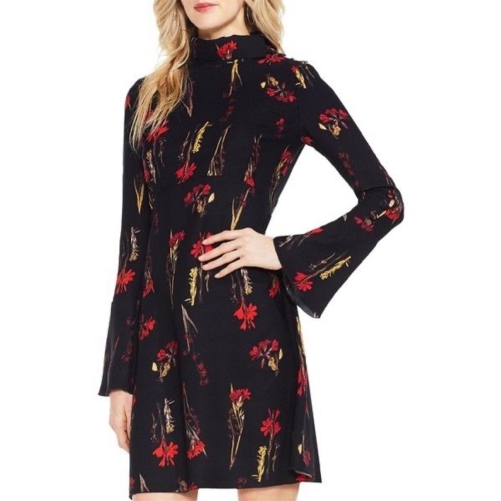 Vince Camuto Black Long Sleeve Floral Dress with Red and Gold Accents